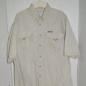 Columbia Fishing Shirt Mens Large Beige Tan Cotton Button Up Short Sleeve Pocket